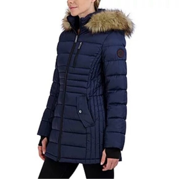 HFX Blue Midweight Faux Fur Trimmed Hood Zippered Water Resistant Puffer Jacket - Picture 2 of 7